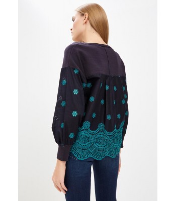 French Connection Afreda Contrast Floral Embroidered Knit (Navy/Teal)